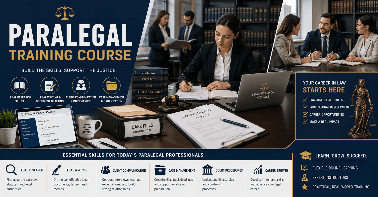 Paralegal Training Course showing legal research, client communication, and legal document preparation