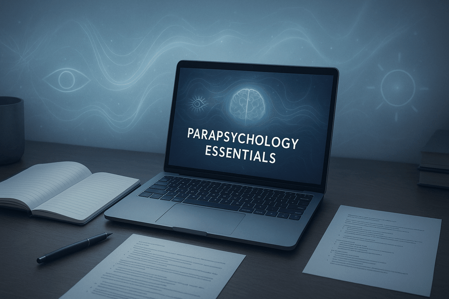 A modern study scene showing ESP, psychokinesis and paranormal research elements for a parapsychology course.