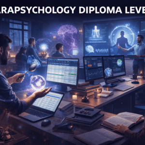 Parapsychology Diploma Level 3 showing a researcher studying ESP, psychokinesis, and paranormal phenomena in a mystical setting