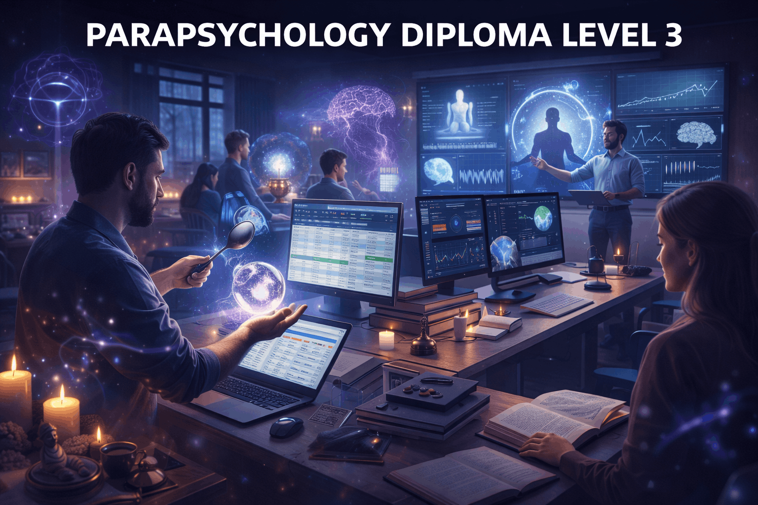 Parapsychology Diploma Level 3 showing a researcher studying ESP, psychokinesis, and paranormal phenomena in a mystical setting