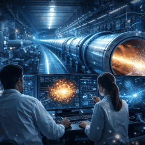 Scientific particle physics laboratory showing detectors and accelerator visuals for a particle physics diploma course.