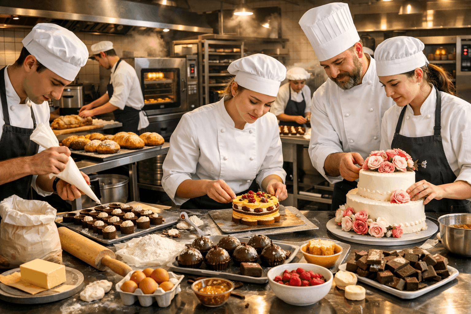 professional pastry kitchen showing students preparing desserts for pastry making diploma training