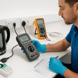 PAT testing techniques shown through a technician inspecting electrical equipment with testing tools.