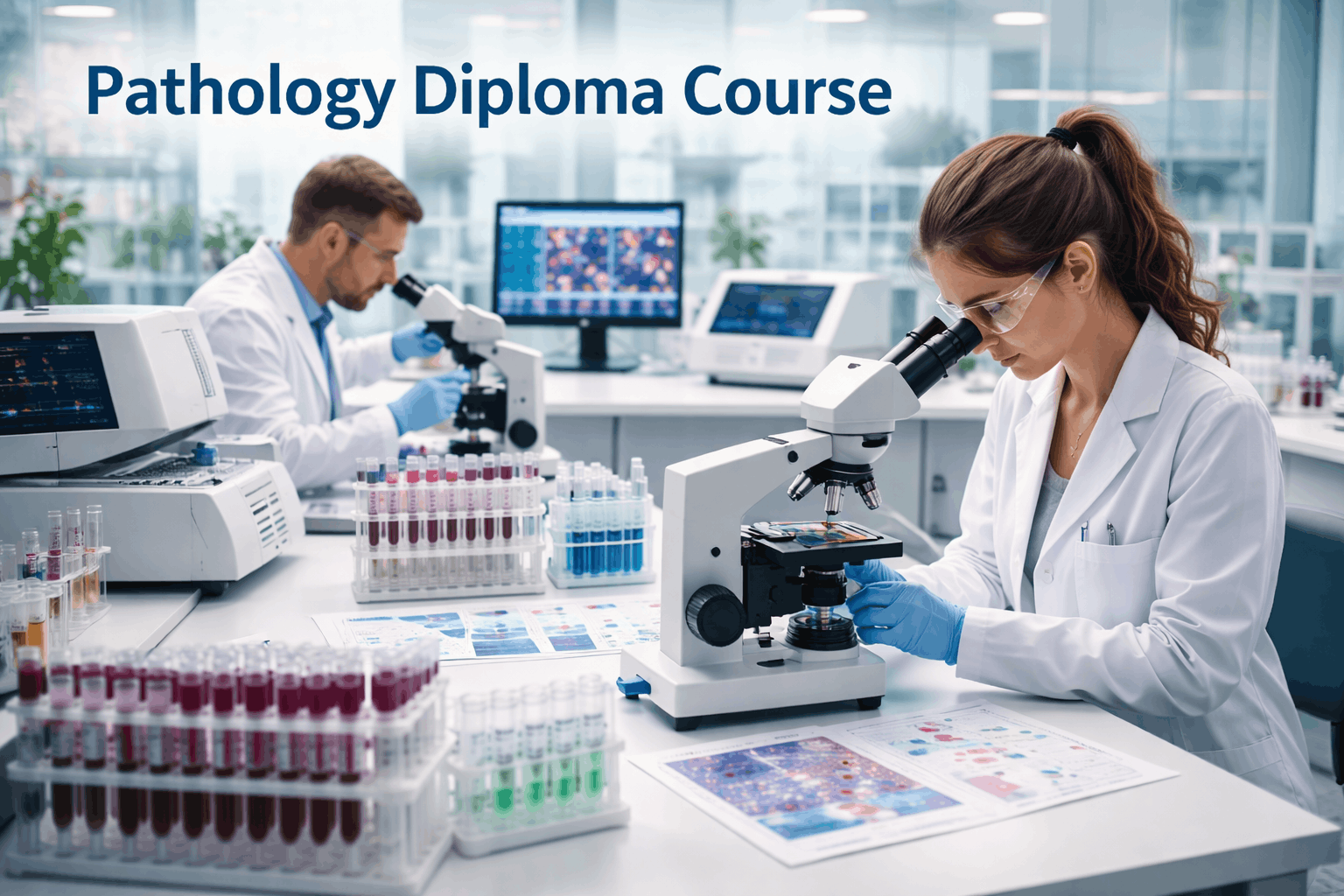 Pathology Diploma Course showing medical scientists analysing blood samples and slides in a clinical laboratory