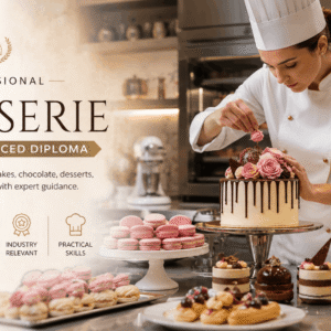 Professional pastry chef creating elegant desserts in a Patisserie Course Level 5 Advanced Diploma kitchen
