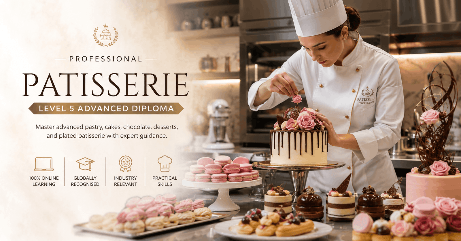 Professional pastry chef creating elegant desserts in a Patisserie Course Level 5 Advanced Diploma kitchen
