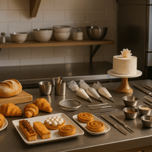 Professional patisserie workspace with pastries, artisan breads, tools and plating elements showcasing patisserie training.
