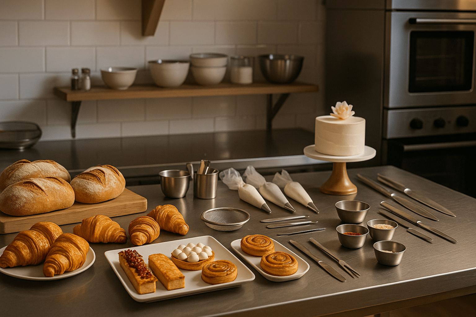 Professional patisserie workspace with pastries, artisan breads, tools and plating elements showcasing patisserie training.