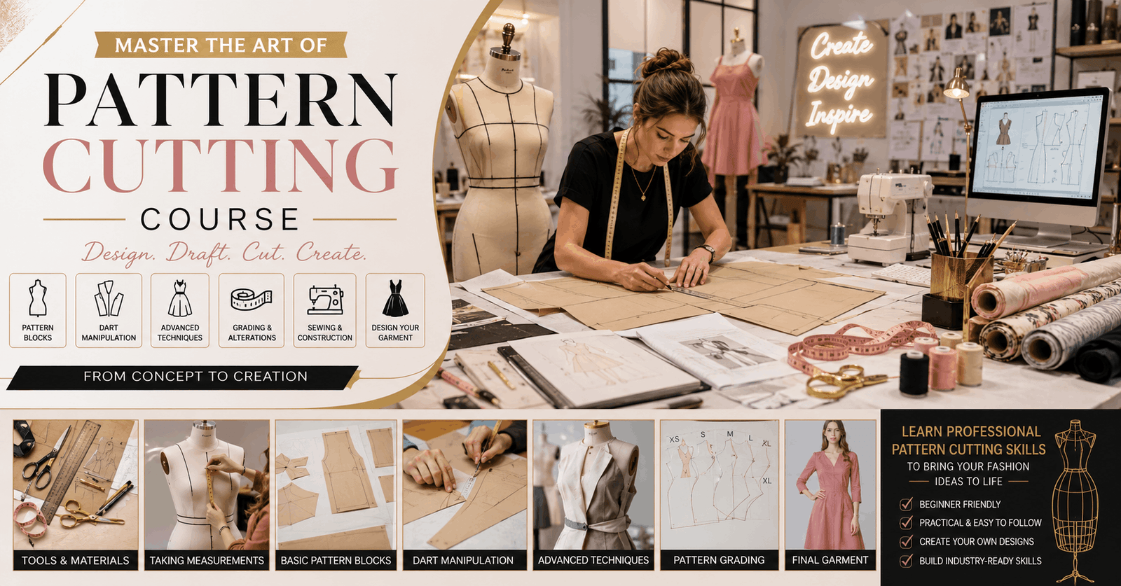 Pattern Cutting Course showing fashion designers creating garment patterns in a modern fashion studio