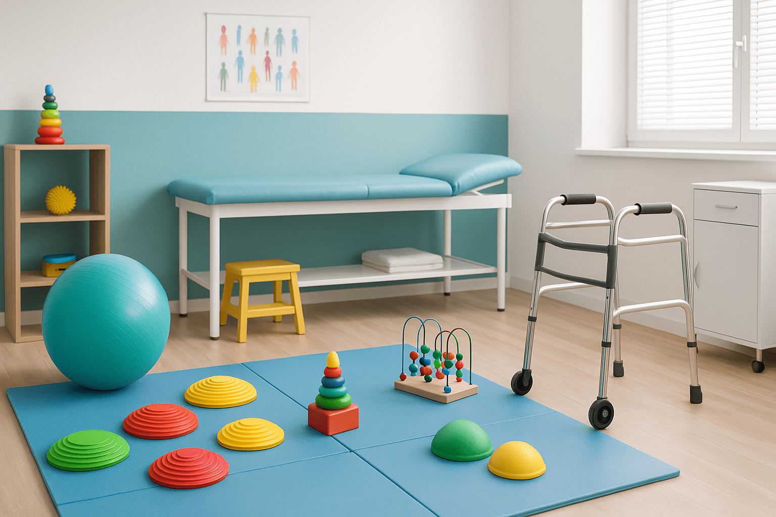 A modern clinical workspace showing pediatric physiotherapy equipment for the pediatric physiotherapy course.