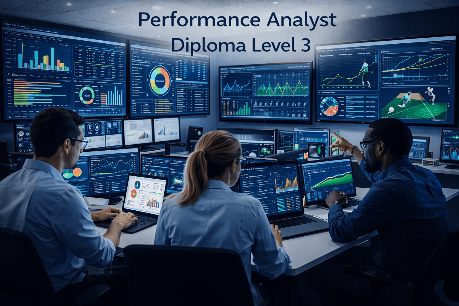 Performance analysts working with dashboards and data screens for the Performance Analyst Diploma Level 3
