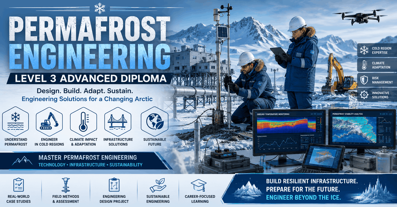 Permafrost Engineering professionals analysing frozen ground infrastructure in Arctic conditions