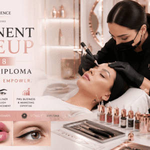 Permanent Makeup Course showing PMU artist performing advanced cosmetic tattoo procedures in modern beauty studio