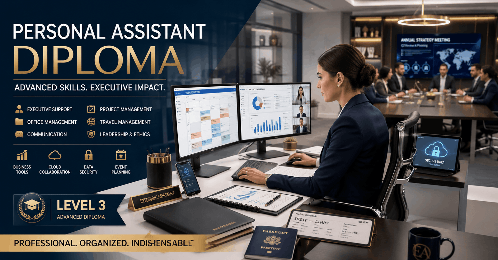 Professional office executive working in a modern workspace for Personal Assistant Diploma training