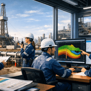 Petroleum engineering diploma Level 3 showing drilling operations, reservoir analysis, and oil and gas production environment