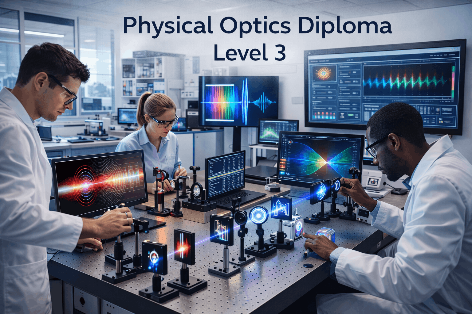 Students studying light waves and diffraction patterns for the Physical Optics Diploma Level 3