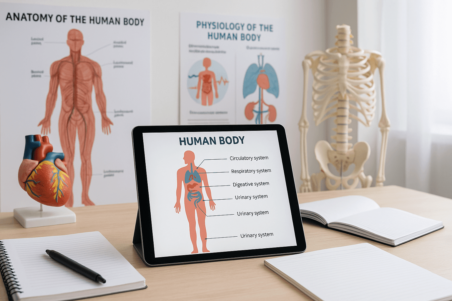 Physiology diploma image showing human anatomy diagrams and study tools in a modern learning setting.