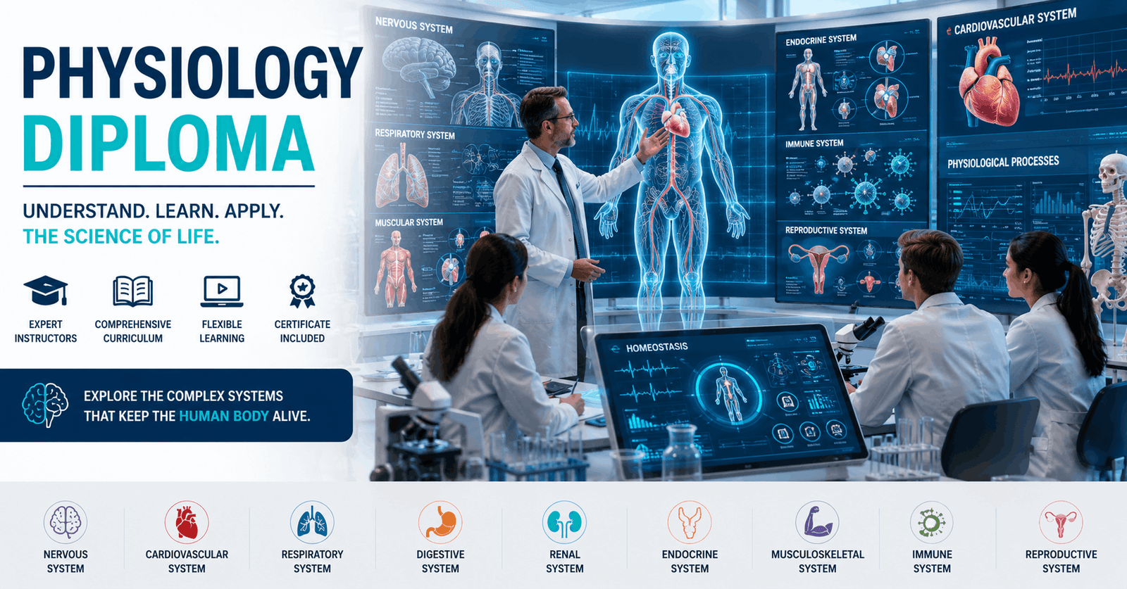 Medical students studying anatomy and body systems in a Physiology Diploma training environment