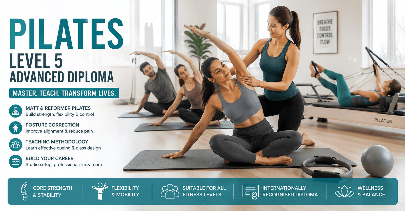 Pilates Instructor Course students practising mat and reformer Pilates in a modern fitness studio