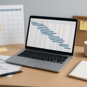 Modern planning and scheduling workspace with project charts and tools, representing the planning and scheduling course.