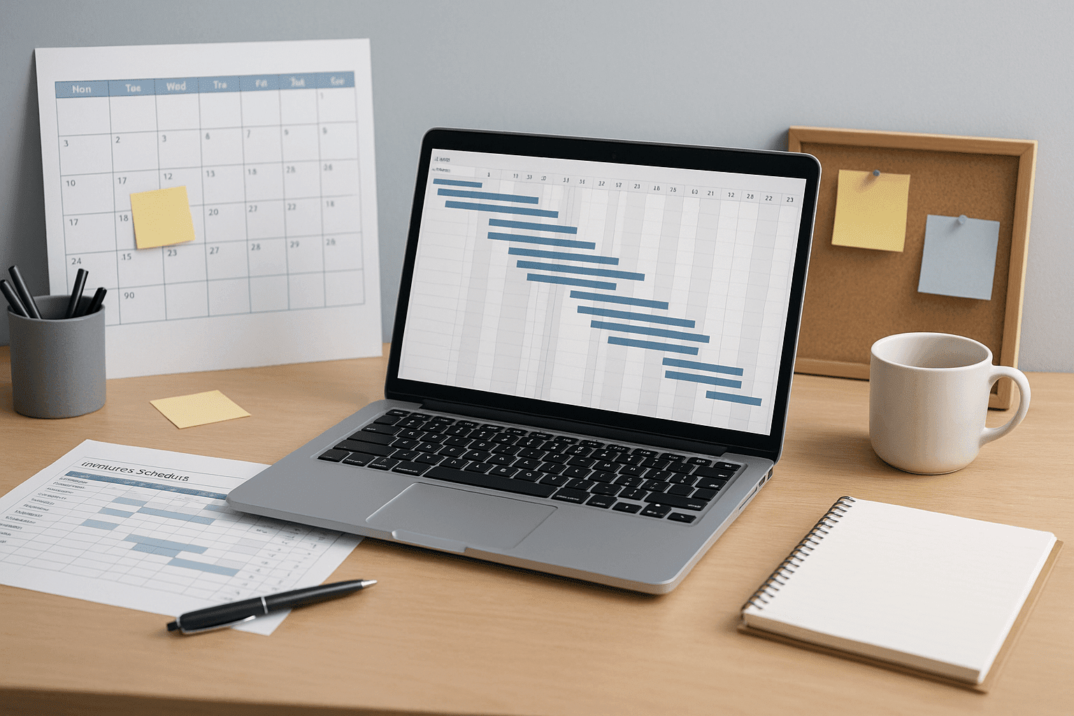 Modern planning and scheduling workspace with project charts and tools, representing the planning and scheduling course.