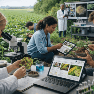 Plant Pathology Diploma Level 3 students examining diseased crops, fungi, and plant health in laboratory and field settings