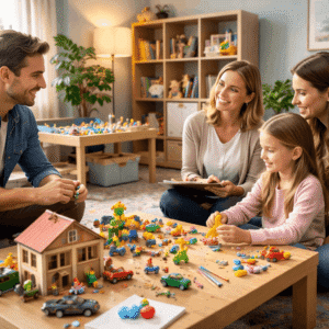 Therapist using play therapy counselling with children and parents in a family session