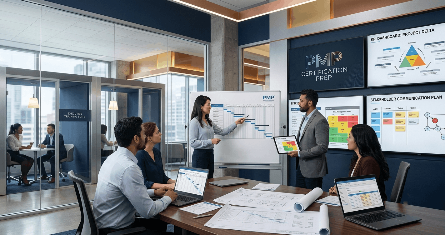 Project managers reviewing schedules and plans during PMP Certification Prep training