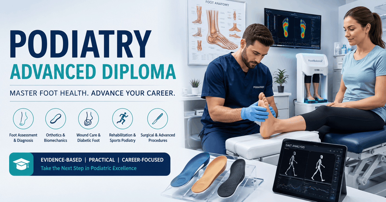 Podiatry Advanced Diploma student assessing foot health in a modern clinical setting