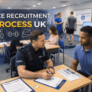 Police officer and applicants during assessment for a police recruitment process UK course