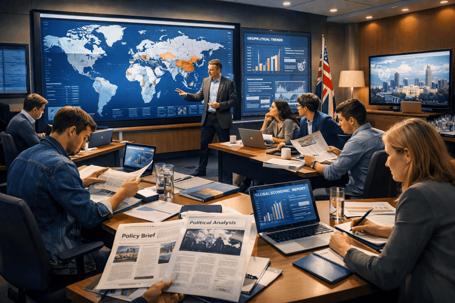 Students studying political studies diploma in a modern global politics classroom