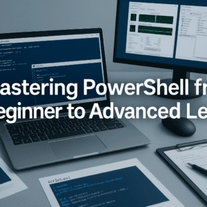 Professional PowerShell training workspace with scripts, commands, and tools displayed on a modern setup.