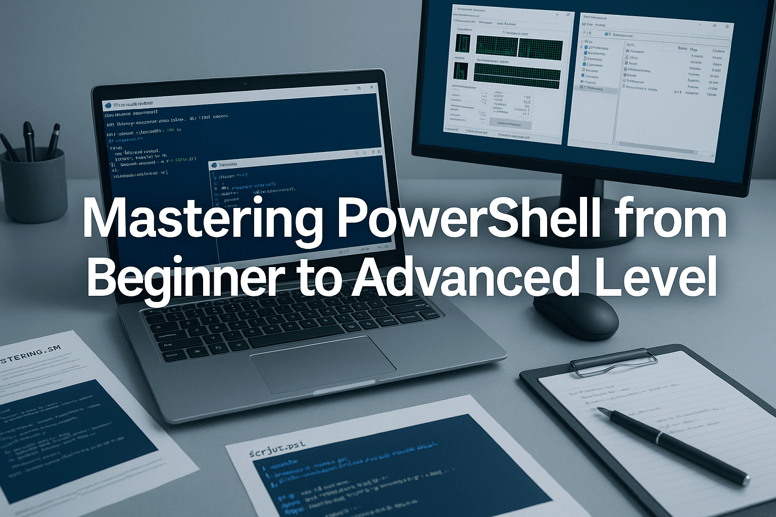 Professional PowerShell training workspace with scripts, commands, and tools displayed on a modern setup.