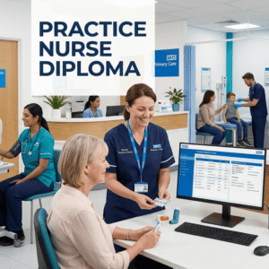 Practice Nurse Diploma student performing patient assessment in a modern healthcare clinic environment