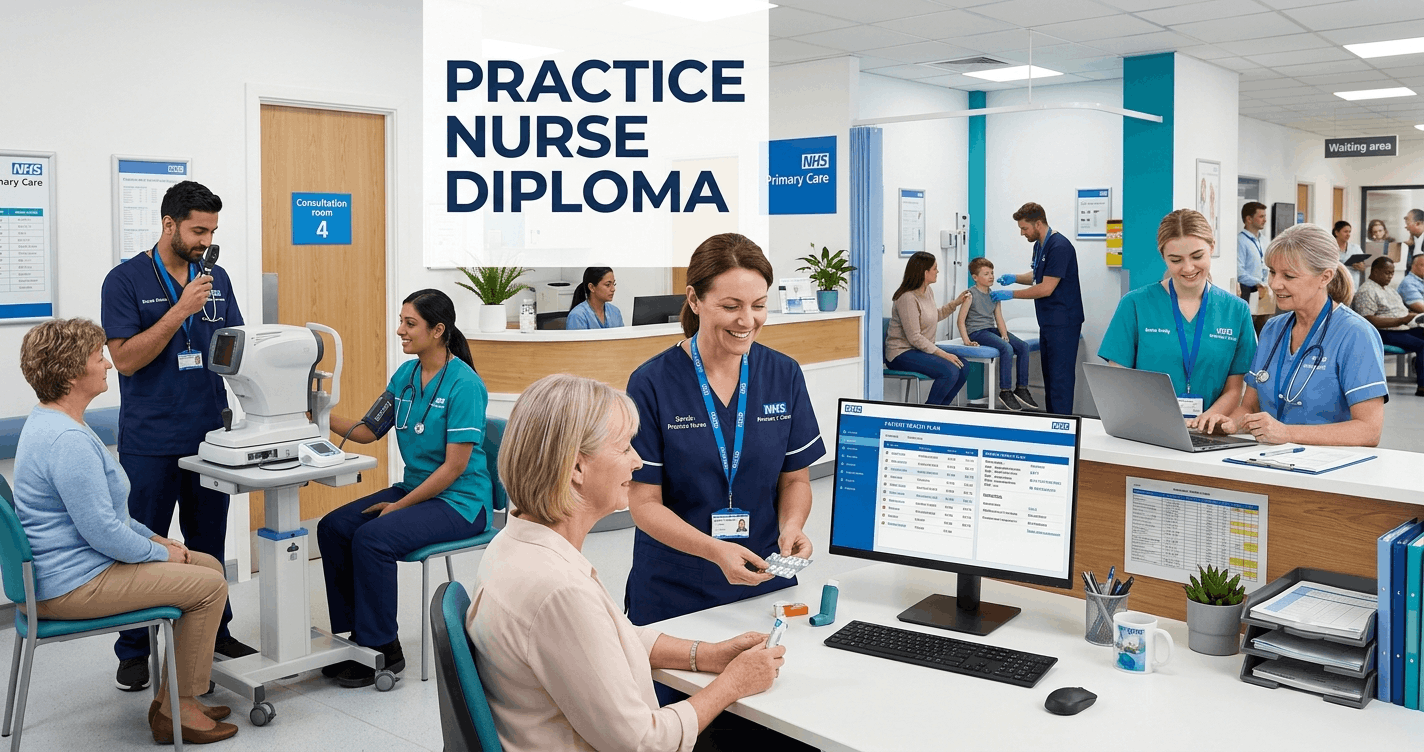Practice Nurse Diploma student performing patient assessment in a modern healthcare clinic environment