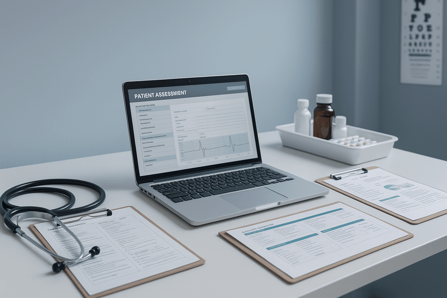 A modern UK clinical workspace with tools and documents for practice nurse training Level 8 diploma.