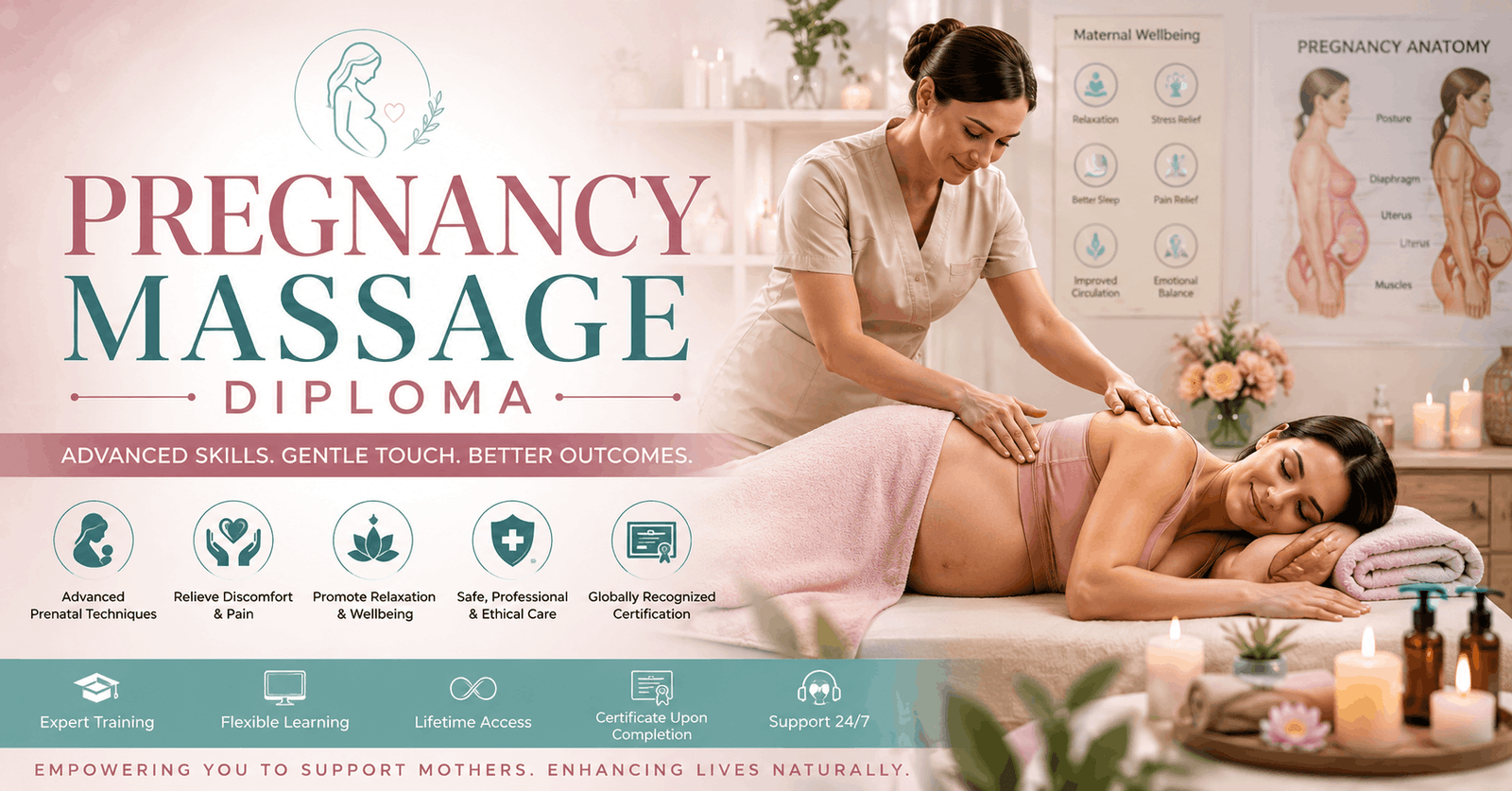 Therapist providing prenatal therapy in a Pregnancy Massage Diploma training course
