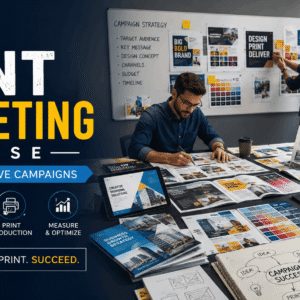 Professional print marketing course showing creative campaign planning and print advertising materials