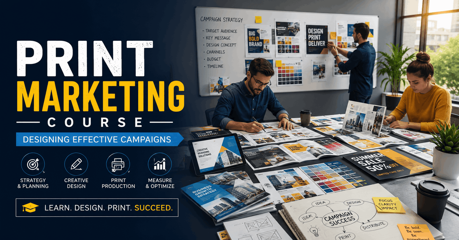 Professional print marketing course showing creative campaign planning and print advertising materials