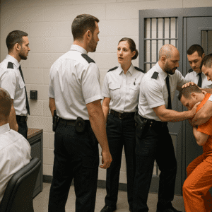 Prison officer training scene with officers, security controls, and a safe correctional environment.