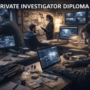 Private Investigator Diploma Level 3 showing investigators using surveillance equipment, forensic tools, and cyber analysis in professional settings