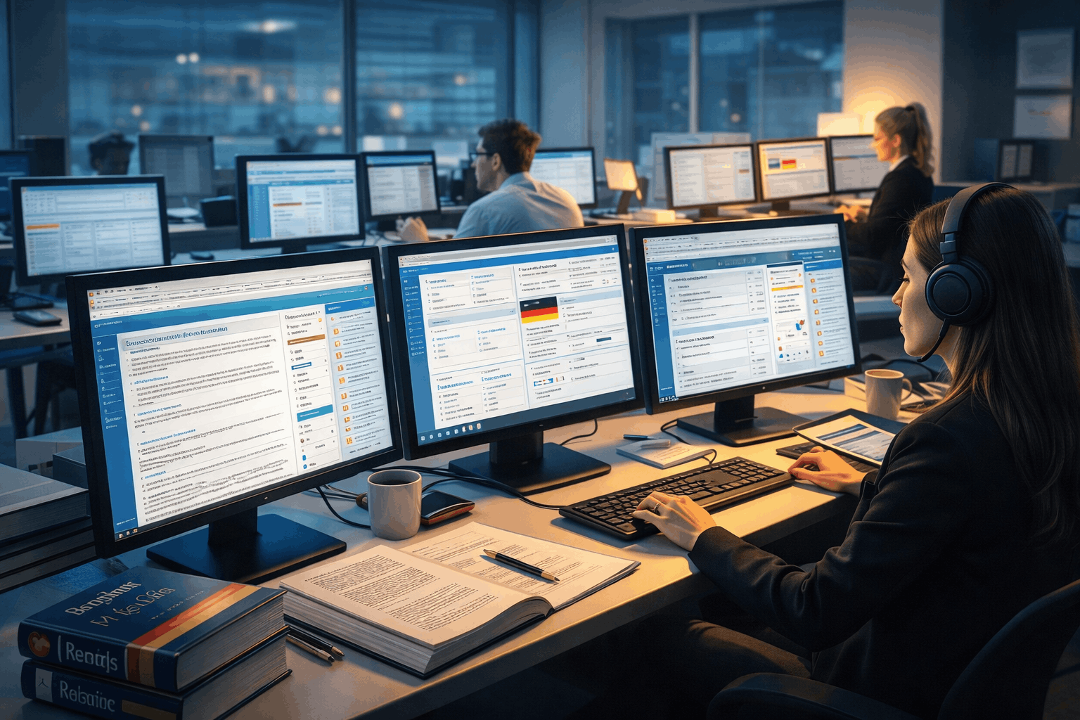 Professional translation course showing translators using CAT tools, bilingual texts and digital translation software