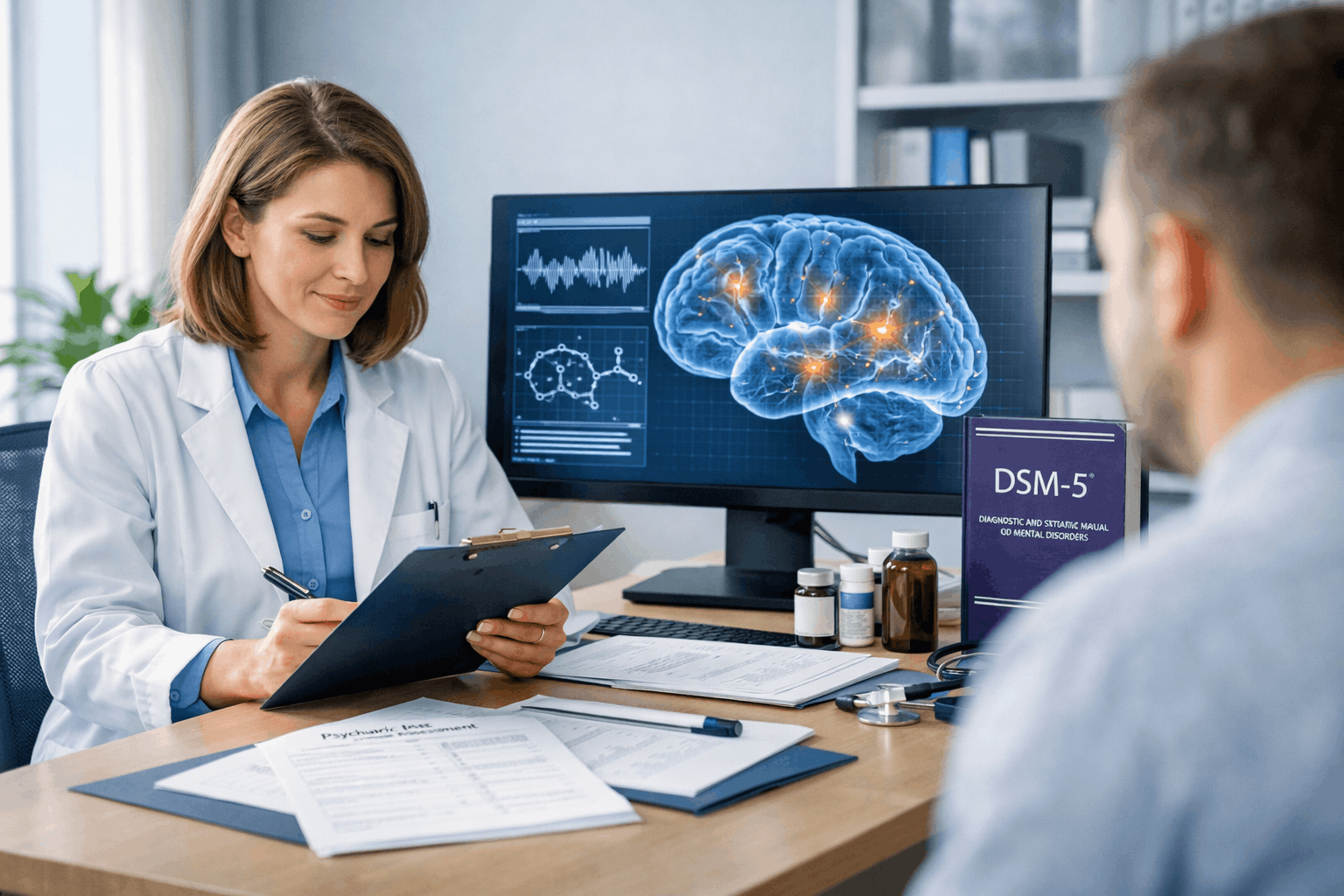 Psychiatry diploma course showing a mental health professional analysing brain diagrams and patient assessments in a modern clinical setting