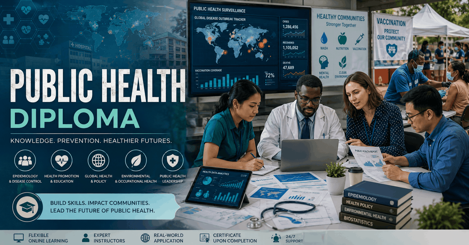 Students and healthcare professionals studying epidemiology in a Public Health Diploma course