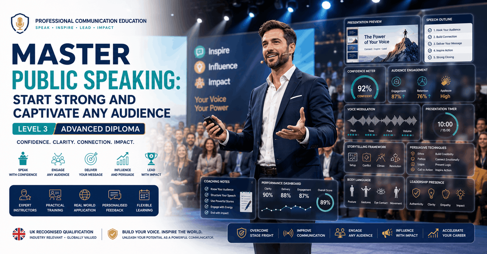 Professional Public Speaking Course featuring a confident presenter engaging an audience with impactful communication skills.