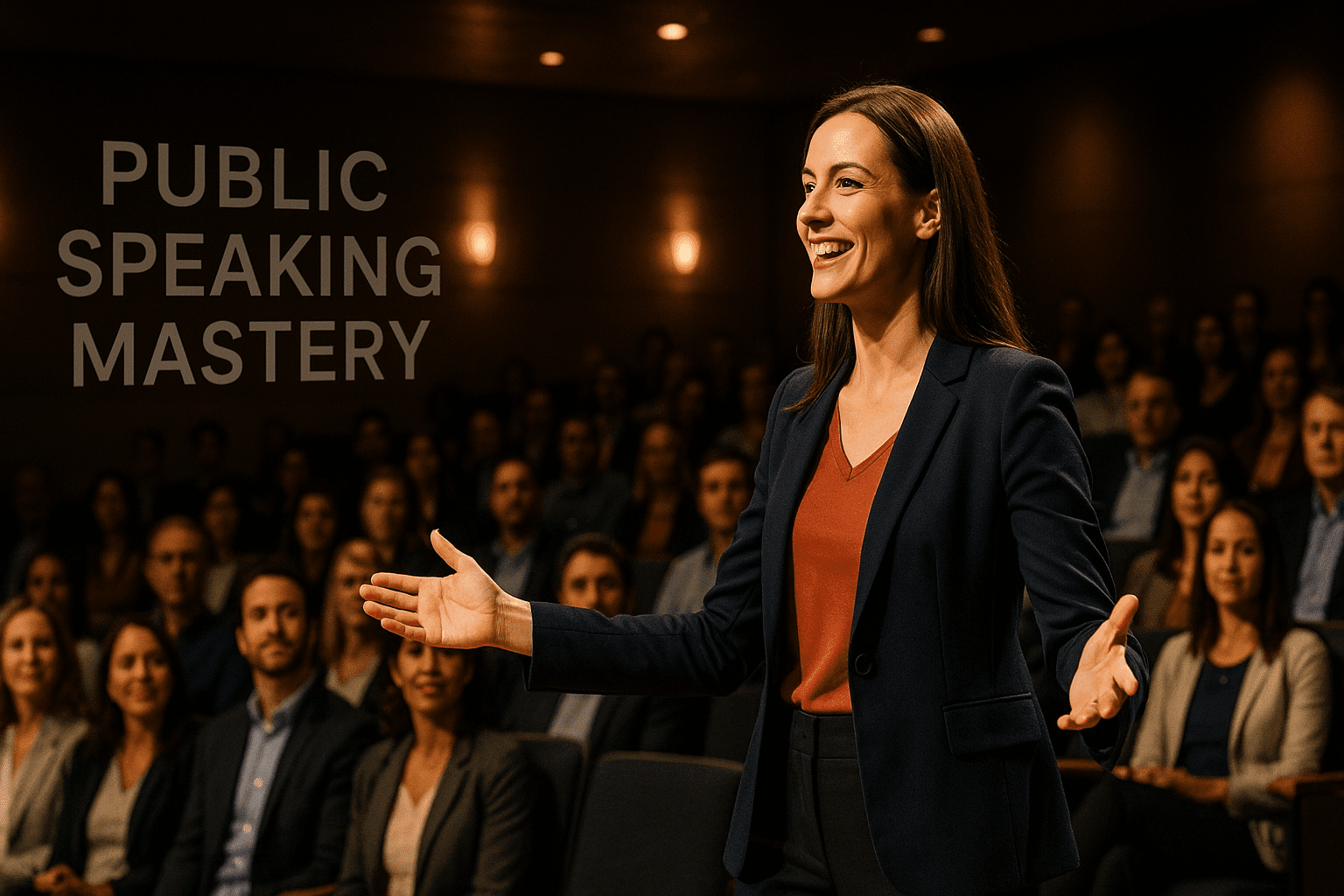 confident speaker presenting on stage during public speaking mastery training