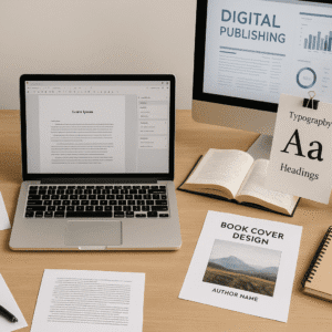 Publishing course image showing books, manuscripts, design tools, and editing screens in a modern workspace.
