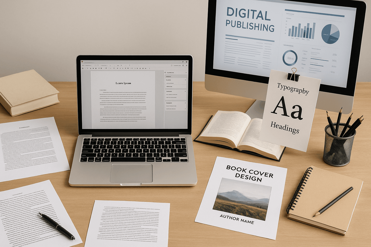 Publishing course image showing books, manuscripts, design tools, and editing screens in a modern workspace.