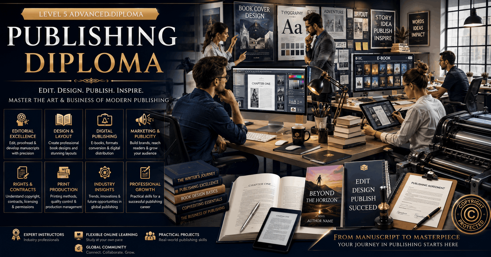 Publishing Diploma course featuring book editing, digital publishing, and editorial design work