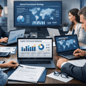Purchasing and procurement professionals analysing supplier data, contracts, and sourcing strategies in a modern business environment